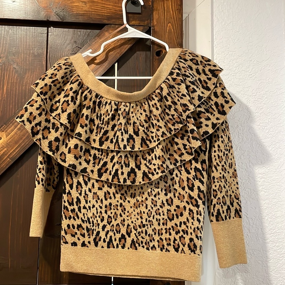 Frame One Side Shoulder Camel Multi Animal Print Ruffle Wool Blend Sweater Small